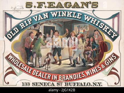 1878 Anzeige für S.F. Eagan’s Old Rip Van Winkle Whiskey, Brandies, Wines and Gins, Buffalo, New York. Lithographie von Wells & Hope Co. Stockfoto