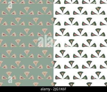 Ethnische abstrakte Ornament nahtlose Muster, Set von 2. Handgezeichnete Dreieck dekorative organische Formen, Boho Doodle Stil, pastellrosa graue Farben Stock Vektor