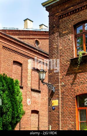 Detail der alten Textilfabriken in Księży Młyn, die jetzt in Wohn- und Büroflächen umgewandelt wurden, Lodz, Polen Stockfoto