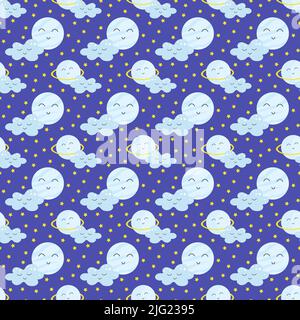 Kinderkollektion mit himmlischen Kawaii-Planeten, Wolken und Sternen. Vektorzeichnung auf blauem Hintergrund. Stock Vektor