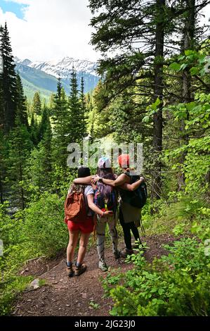 Drei junge Frauen genießen den Blick auf die Berge vom Stanton Lake Trail in Great Bear Wilderness, Montana. Stockfoto