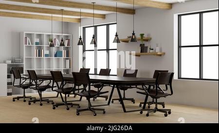 Moderner Büro-Tagungsraum, Inneneinrichtung des Konferenzraums mit modernem schwarzen Konferenztisch, Bürostühlen und Einrichtung. 3D Rendering, 3D Illustration Stockfoto