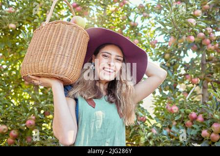 Porträt eines glücklichen Bauern, der an einem sonnigen Tag einen Korb mit frisch gepflückten Äpfeln in einem Obstgarten im Freien hält. Fröhliche Frau erntet und sammelt Stockfoto