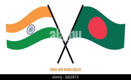 Indien und Bangladesch Flaggen gekreuzt und winkend Flat Style. Offizieller Anteil. Korrigieren Sie Die Farben. Stock Vektor