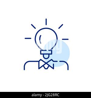 Eine innovative Idee haben. Eine Lösung finden. Person mit einer Glühbirne für den Kopf. Pixelperfekte, bearbeitbare Strichführung Stock Vektor