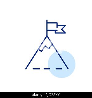 Hoher Berg mit einer Flagge auf der Spitze. Ziele und Erfolge erreichen. Pixel-perfektes, bearbeitbares Strichliniensymbol Stock Vektor