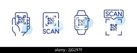 Scannen sie den qr-Code mit einem Satz von Smartphone-Symbolen. Pixelgenaue, bearbeitbare Kontur Stock Vektor