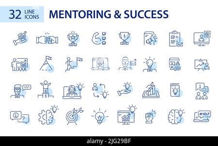Set von 32 Mentoring-, Coaching- und Erfolgsstrategien Linie Kunst Symbole. Pixelgenaue, bearbeitbare Kontur Stock Vektor