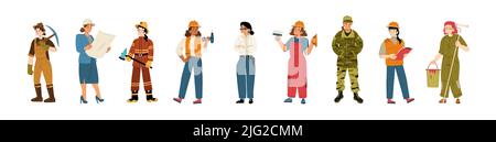 Frauen Berufe, weibliche Charaktere Beruf, Mädchen tragen einheitliche Arbeit Architekt, Feuerwehrmann, Konstrukteur, Polizist, Baumeister, Militär- oder Wachmann, Linienkunst flache Vektorgrafik Stock Vektor