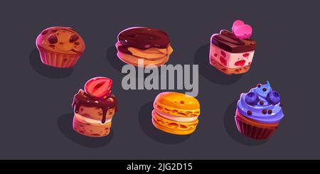 Spiel-Symbole Kuchen, Süßigkeiten und Desserts. Cartoon 2D ui grafische Elemente, Gebäck, Cupcakes und Makronen, Ratafia mit Belag, Chokloat und Nüsse, Beeren und Früchte isoliert Vektor-Set Stock Vektor