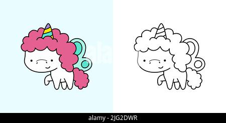 Kawaii Clipart Einhorn Illustration und für Malvorlagen. Witziges Kawaii Einhorn. Vektor-Illustration eines Kawaii-Tieres für Aufkleber, Babydusche Stock Vektor