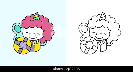 Kawaii Unicorn Clipart Multicolor und Schwarz und Weiß. Niedliches Kawaii-Einhorn. Vektor-Illustration eines Kawaii für Aufkleber, Drucke für Kleidung, Baby Stock Vektor