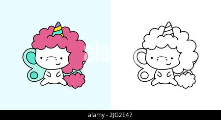 Einhorn Clipart für Malseite und mehrfarbige Illustration. Entzückende Clip Art Einhorn. Vektorgrafik eines Kawaii für Malvorlagen, Drucke Stock Vektor