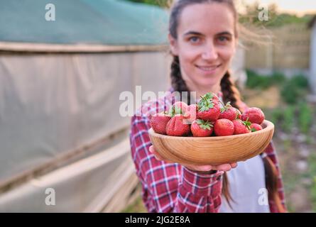 Frau hält Teller mit frisch geernteten Erdbeeren aus dem Familiengewächshaus Stockfoto