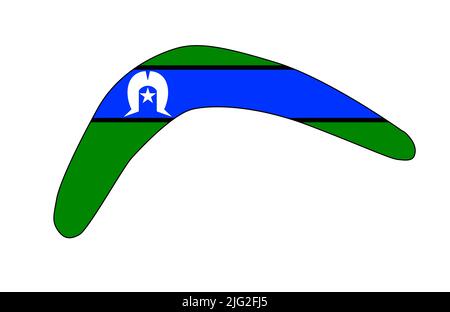 Die Torres Strait Islander-Flagge ist in einer typischen Bumerang-Silhouette auf weißem Hintergrund gehalten Stockfoto