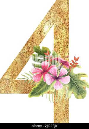 Goldene Zahl 4 mit einem Aquarell-Bouquet aus tropischen Blättern und Blumen auf weißem, isoliertem Hintergrund. Handgezeichnete Vektorgrafik. Stock Vektor