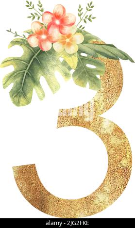 Goldene Zahl 3 mit einem Aquarell-Bouquet aus tropischen Blättern und Blumen auf weißem, isoliertem Hintergrund. Handgezeichnete Vektorgrafik. Stock Vektor