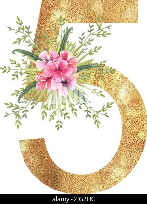 Goldene Zahl 5 mit einem Aquarell-Bouquet aus tropischen Blättern und Blumen auf weißem, isoliertem Hintergrund. Handgezeichnete Vektorgrafik. Stock Vektor