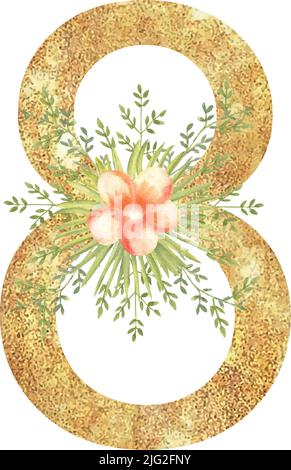 Goldene Zahl 8 mit einem Aquarell-Bouquet aus tropischen Blättern und Blumen auf weißem, isoliertem Hintergrund. Handgezeichnete Vektorgrafik. Stock Vektor