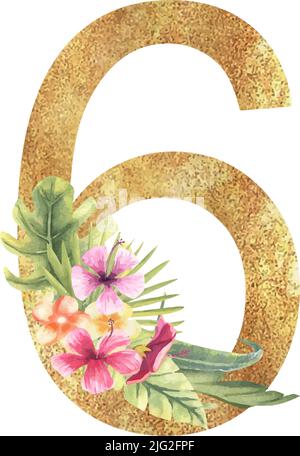 Goldene Zahl 6 mit einem Aquarell-Bouquet aus tropischen Blättern und Blumen auf weißem, isoliertem Hintergrund. Handgezeichnete Vektorgrafik. Stock Vektor