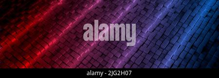 3D-Rendering – abstrakter Ziegelpflaster, beleuchtet durch rote, blaue und violette Neonlichtschichten. Ein lebendiger, strukturierter Hintergrund mit stimmungsvoller, futuristischer Note Stockfoto