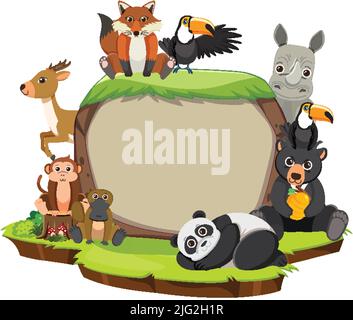 Wilde Tiere mit leerem Brett Vorlage Illustration Stock Vektor