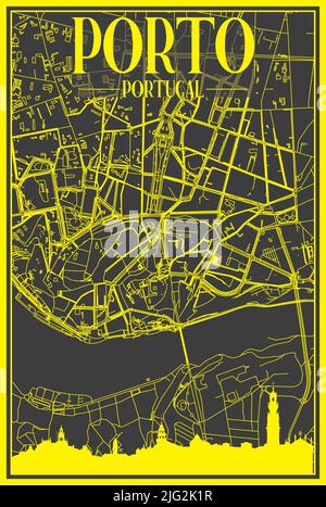 Gelbes Stadtplakat mit Panorama-Skyline und handgezeichneten Straßen auf dunkelgrauem Hintergrund der Innenstadt VON PORTO, PORTUGAL Stock Vektor