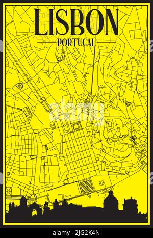 Goldenes Stadtplakat mit Panoramasilhouette und handgezeichneten Straßen auf gelb-schwarzem Hintergrund der Innenstadt VON LISSABON, PORTUGAL Stock Vektor