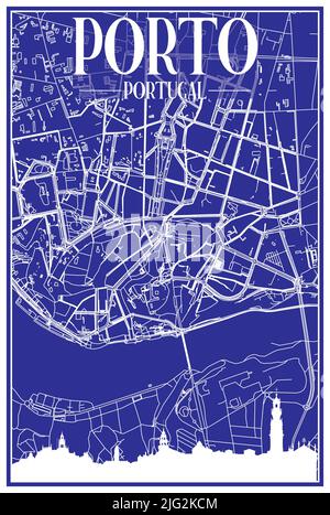 Technisches Zeichnungsausdruck Stadtplakat mit Panorama-Skyline und handgezeichneten Straßen Netzwerk auf blauem Hintergrund der Innenstadt VON PORTO, PORTUGAL Stock Vektor