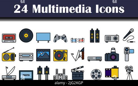 Multimedia-Symbol Eingestellt. Editierbare Fett Formatigte Kontur Mit Farbfüllungsdesign. Vektorgrafik. Stock Vektor