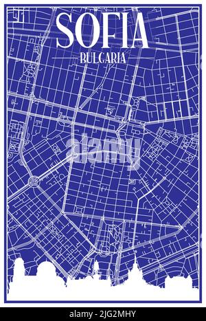 Technisches Zeichnungsausdruck Stadtplakat mit Panorama-Skyline und handgezeichneten Straßen Netzwerk auf blauem Hintergrund der Innenstadt VON SOFIA, BULGARIEN Stock Vektor