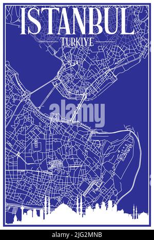 Technisches Zeichnungsausdruck Stadtplakat mit Panorama-Skyline und handgezeichneten Straßen Netzwerk auf blauem Hintergrund der Innenstadt VON ISTANBUL, TÜRKEI Stock Vektor