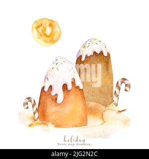 Wasserfarben Berge, Kuchen, Kuchen. Süßigkeiten, Süßigkeiten und Wolken. Clipart auf weißem Hintergrund Stockfoto