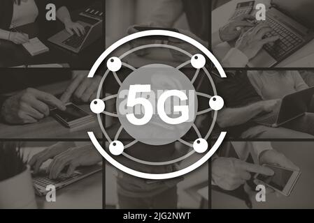 5g-Konzept illustriert durch Bilder im Hintergrund Stockfoto