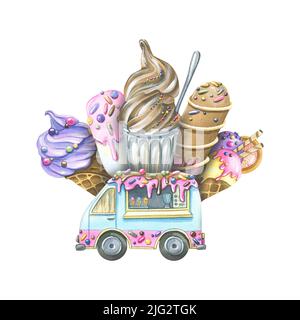 Eis in Waffelkegel, Eisbein und LKW. Aquarell-Illustration aus einem großen Satz Eis. Für die Gestaltung und Dekoration von Postkarten Stockfoto