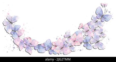 Zarte Schmetterlinge sind rosa, lila, blau, fliegen im Strom. Aquarell-Illustration mit Farbspritzern. Für die Gestaltung und Dekoration von Stockfoto
