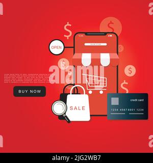 Layout Online-Shopping auf der Shopping-App App mit Smartphone mit einer Einkaufstasche oder Warenkorb, für die Werbung. Illustration Stock Vektor