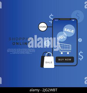Layout Online-Shopping auf der Shopping-App App mit Smartphone mit einer Einkaufstasche oder Warenkorb, für die Werbung. Illustration Stock Vektor