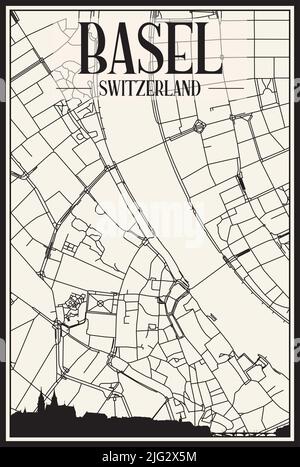 Stadtplakat mit hellem Ausdruck und Panorama-Skyline und handgezeichneten Straßen auf Vintage-beigen Hintergrund der Innenstadt VON BASEL, SCHWEIZ Stock Vektor