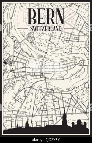 Stadtplakat mit hellem Ausdruck und Panorama-Skyline und handgezeichneten Straßen auf Vintage-beigen Hintergrund der Innenstadt VON BERN, SCHWEIZ Stock Vektor