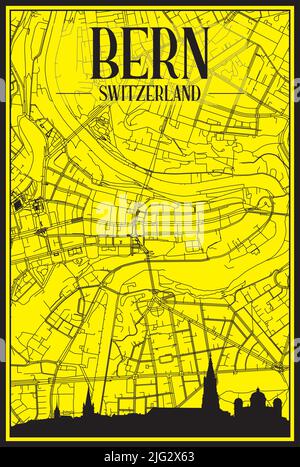 Goldenes Stadtplakat mit Panorama-Skyline und handgezeichneten Straßen auf gelb-schwarzem Hintergrund der Innenstadt VON BERN, SCHWEIZ Stock Vektor