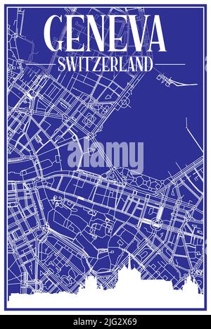 Technisches Zeichnungsausdruck Stadtplakat mit Panorama-Skyline und handgezeichneten Straßen Netzwerk auf blauem Hintergrund der Innenstadt VON GENF, SCHWEIZ Stock Vektor