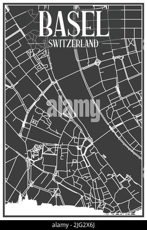 Dunkles Ausdrucksplakat mit Panorama-Skyline und handgezeichneten Straßen auf dunkelgrauem Hintergrund der Innenstadt VON BASEL, SCHWEIZ Stock Vektor