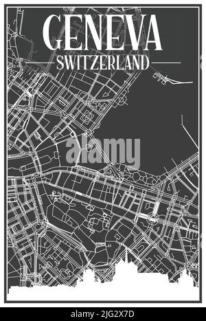 Ein dunkles Ausdrucksplakat mit Panorama-Skyline und handgezeichneten Straßen auf dunkelgrauem Hintergrund der Innenstadt VON GENF, SCHWEIZ Stock Vektor