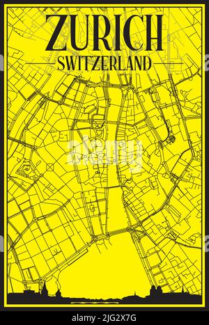 Goldenes Stadtplakat mit Panorama-Skyline und handgezeichneten Straßen auf gelb-schwarzem Hintergrund der Innenstadt VON ZÜRICH, SCHWEIZ Stock Vektor