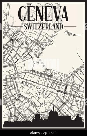 Stadtplakat mit hellem Ausdruck und Panoramasilhouette und handgezeichneten Straßen auf Vintage-beigefarbenem Hintergrund der Innenstadt VON GENF, SCHWEIZ Stock Vektor