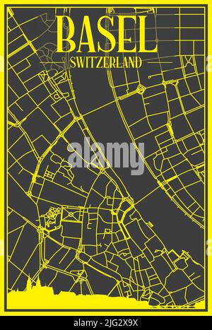 Gelbes Stadtplakat mit Panorama-Skyline und handgezeichneten Straßen auf dunkelgrauem Hintergrund der Innenstadt VON BASEL, SCHWEIZ Stock Vektor