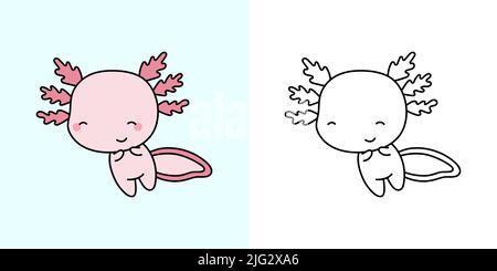 Axolotl Clipart Multicolor und Schwarz-Weiß. Schöne Clip Art Axolotl. Vektor-Illustration eines Kawaii-Tieres für Drucke für Kleidung, Aufkleber Stock Vektor