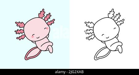 Clipart Axolotl Multicolor und Schwarz-Weiß. Niedliche Clip Art Axolotl. Vektor-Illustration eines Kawaii-Tieres für Aufkleber, Babydusche, Färbung Stock Vektor