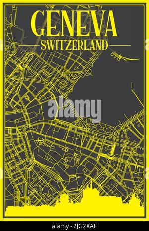 Gelbes Stadtplakat mit Panorama-Skyline und handgezeichneten Straßen auf dunkelgrauem Hintergrund der Innenstadt VON GENF, SCHWEIZ Stock Vektor
